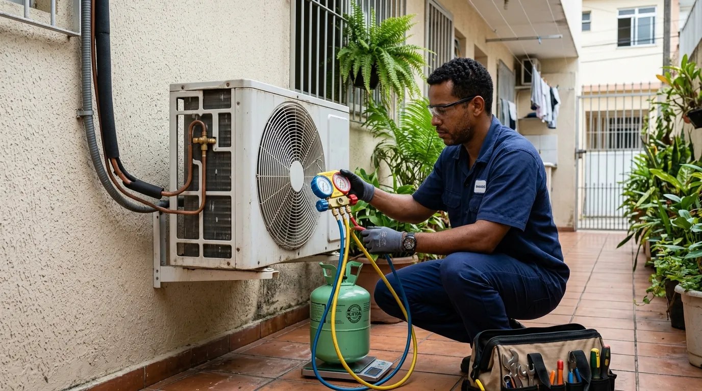 Técnico fazendo carga de gás na condensadora do ar-condicionado em Guarulhos‑SP