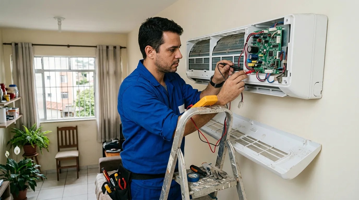Técnico trocando a placa eletrônica de ar-condicionado split em Guarulhos‑SP