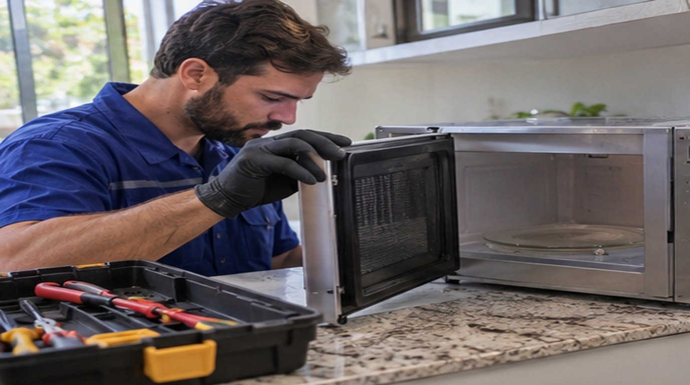 Conserto de micro-ondas em Guarulhos‑SP: técnico abrindo um micro-ondas de bancada