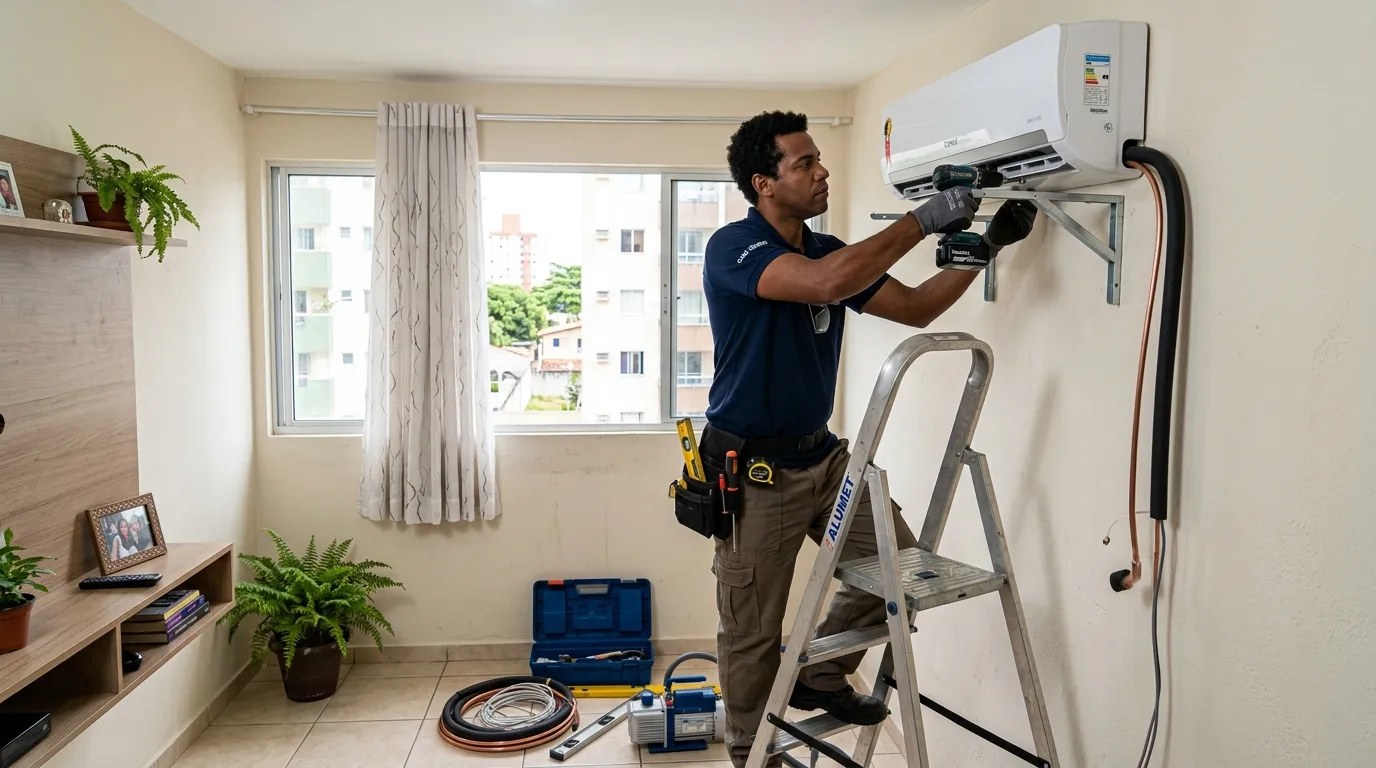 Técnico instalando ar-condicionado split em residência em Guarulhos‑SP