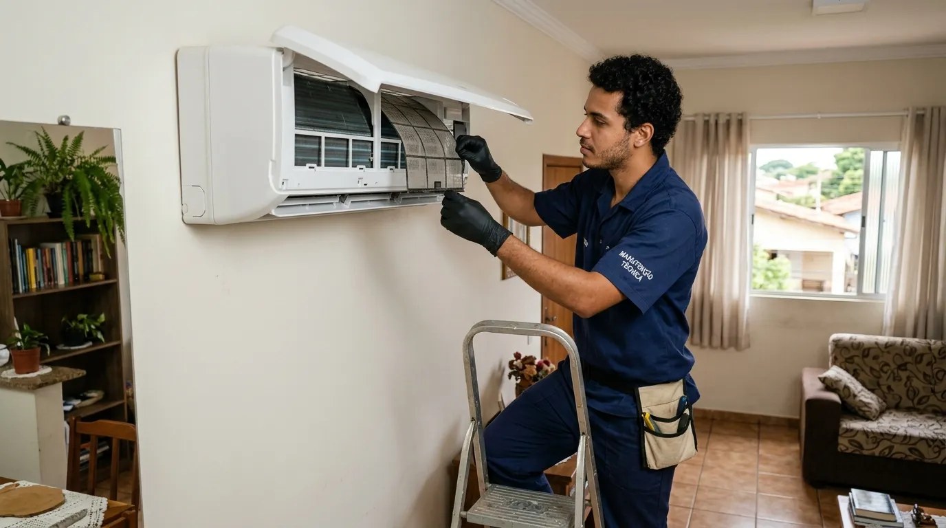 Técnico fazendo limpeza e higienização de ar-condicionado split em Guarulhos‑SP