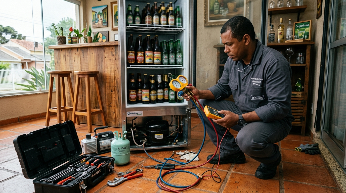 Técnico revisando o motor de uma cervejeira durante chamado em Guarulhos‑SP