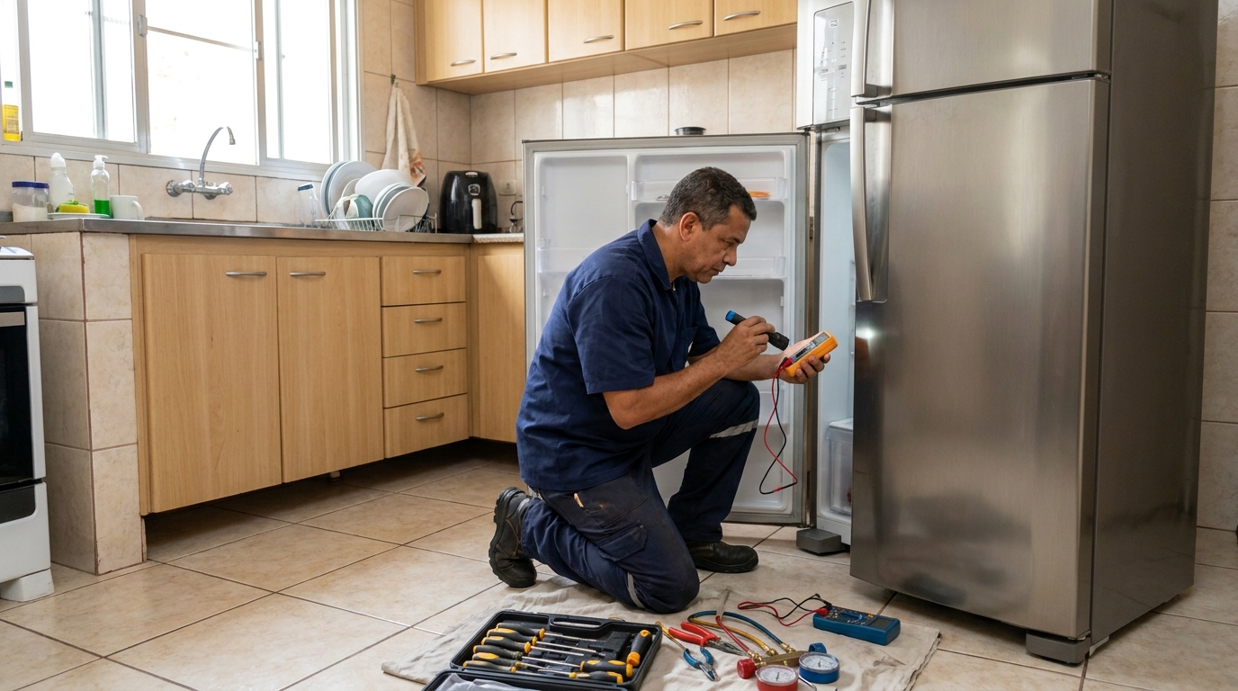 Técnico fazendo recarga de gás em geladeira de cliente no CECAP, Guarulhos‑SP