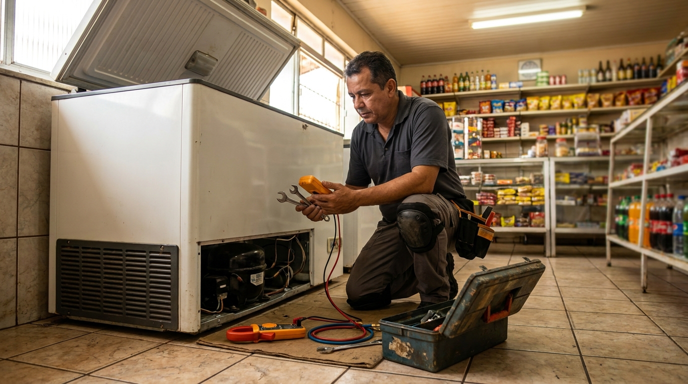 Técnico avaliando um freezer vertical durante atendimento em Guarulhos‑SP