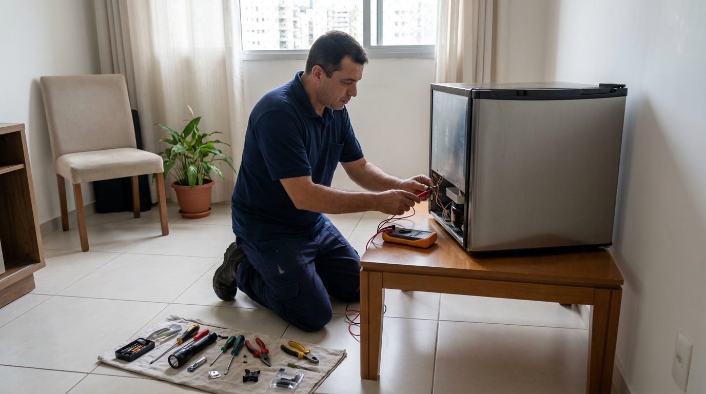 Técnico avaliando um frigobar compacto durante atendimento em Guarulhos‑SP